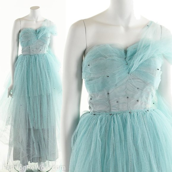 50's Tulle Dress, 1950's Strapless Dress, Blue Prom Dress, Rhinestone Dress, PIn - Picture 1 of 10